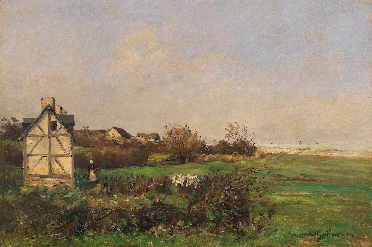 Landschaft mit Fachwerkhaus und Bäuerin 1890