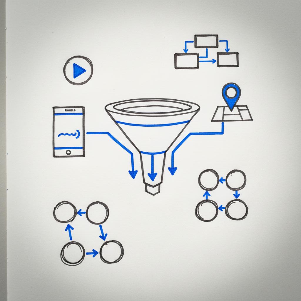 Close-up sketched notebook page showing a marketing funnel with video and mobile-feed icons and a map pin, ink accents #1a5bfb and #39383f &mdash; 100k impressions on Twitter