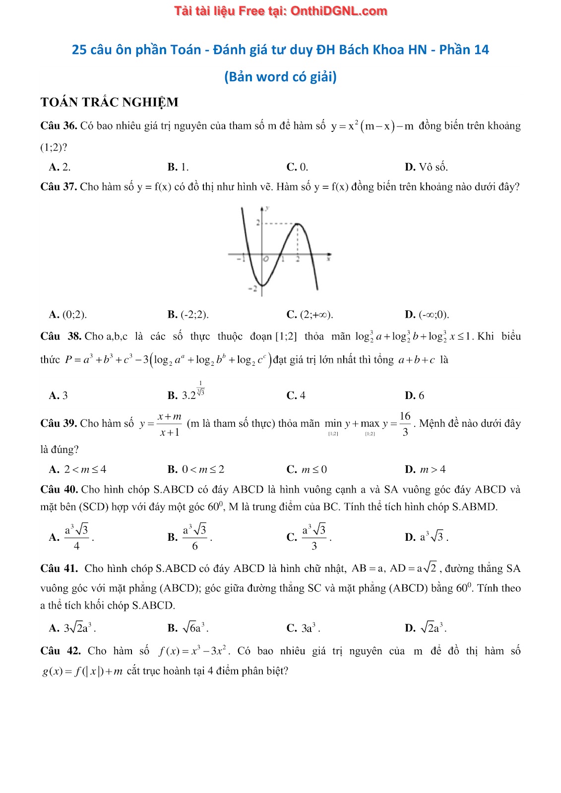 475 bài tập môn Toán - Ôn thi ĐGTD ĐH Bách Khoa Hà Nội Phần 14