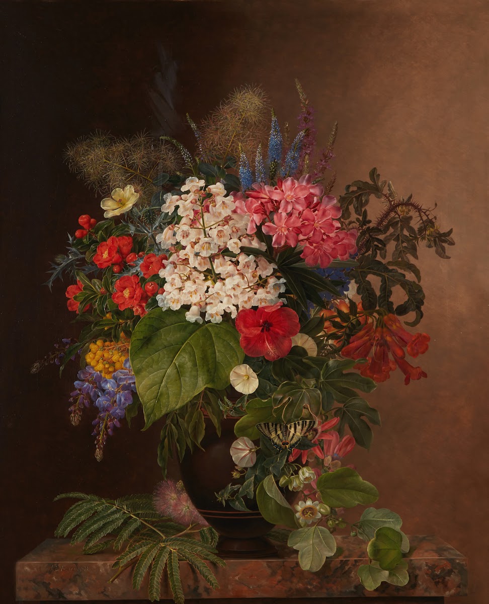Convulvulus lupins speedwell and fuschia in a vase 1833