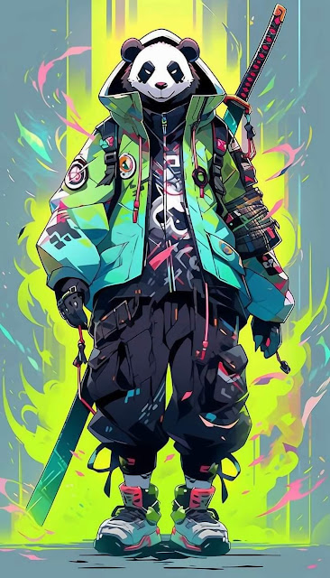 Streetwear Panda Samurai Katana Neon Graffiti Urban Art - Free mobile Wallpaper