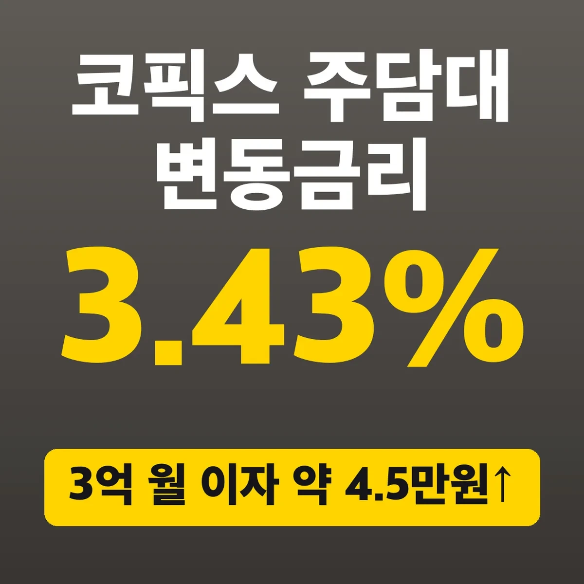 코픽스 3.43% 주담대 변동금리, 3억 월 이자 약 4.5만원↑