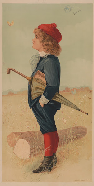 Boy in a field with umbrella and book watching a butterfly 1889