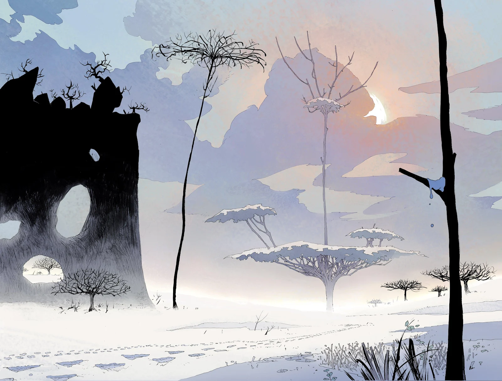 Desolate Winter Cave Fantasy Scene - Comic Book Art 4K Wallpaper (4096x3110)