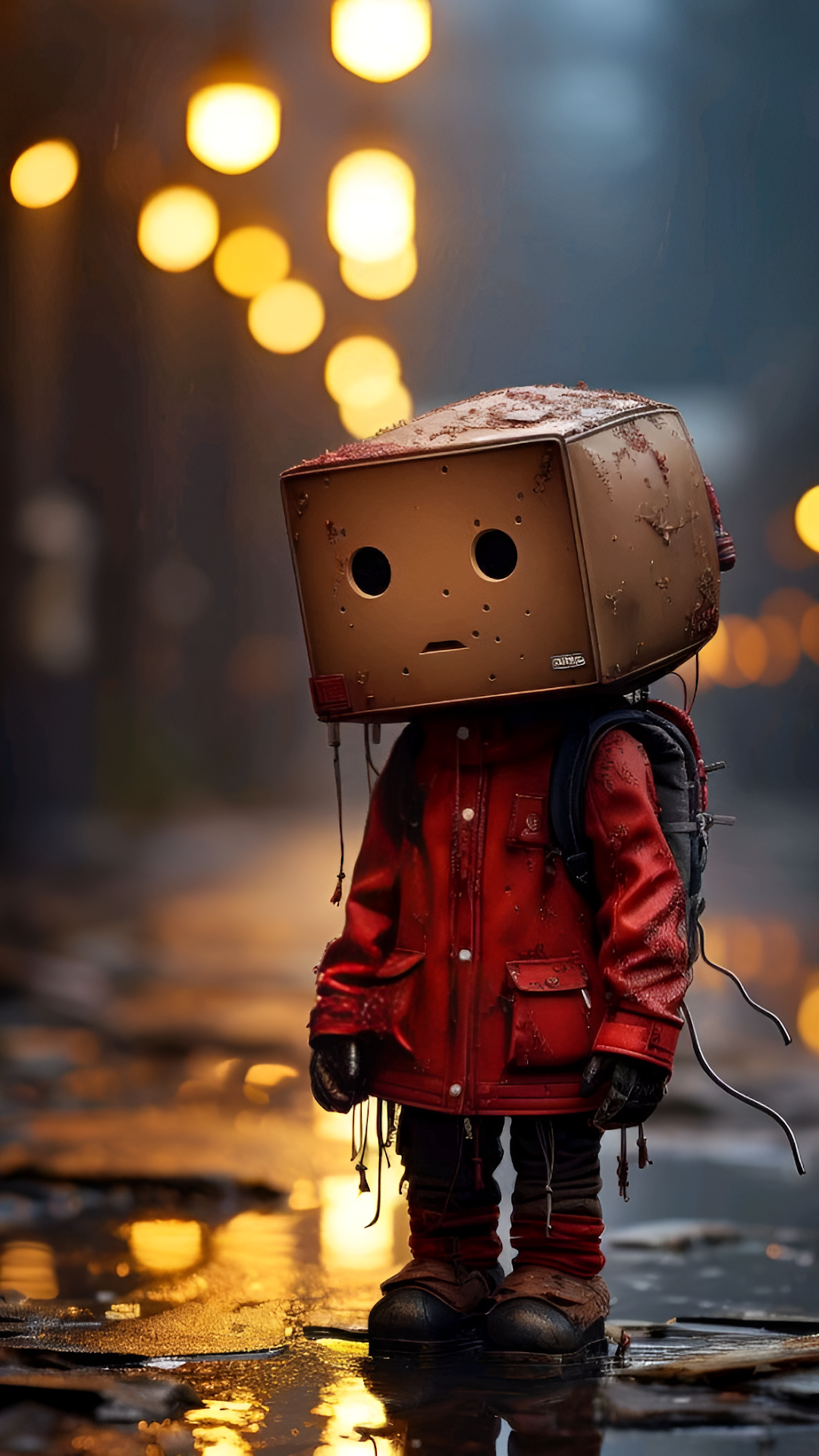 Rusty Box Robot in Red Jacket on Rainy City Street - Free 4K mobile Wallpaper