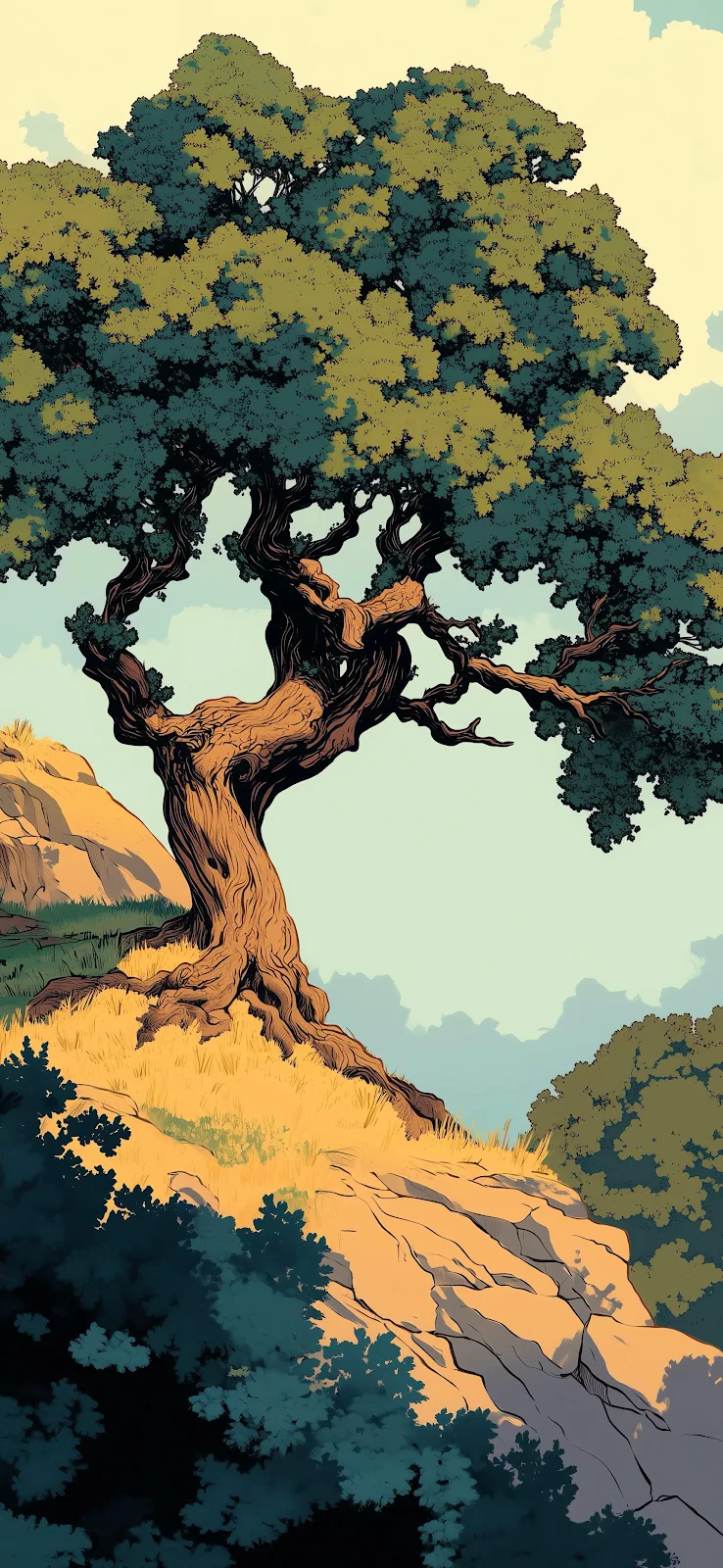 Ancient Oak On Sunny Hill - Comic Book Illustration 2K iPhone Wallpaper (1720x3728)