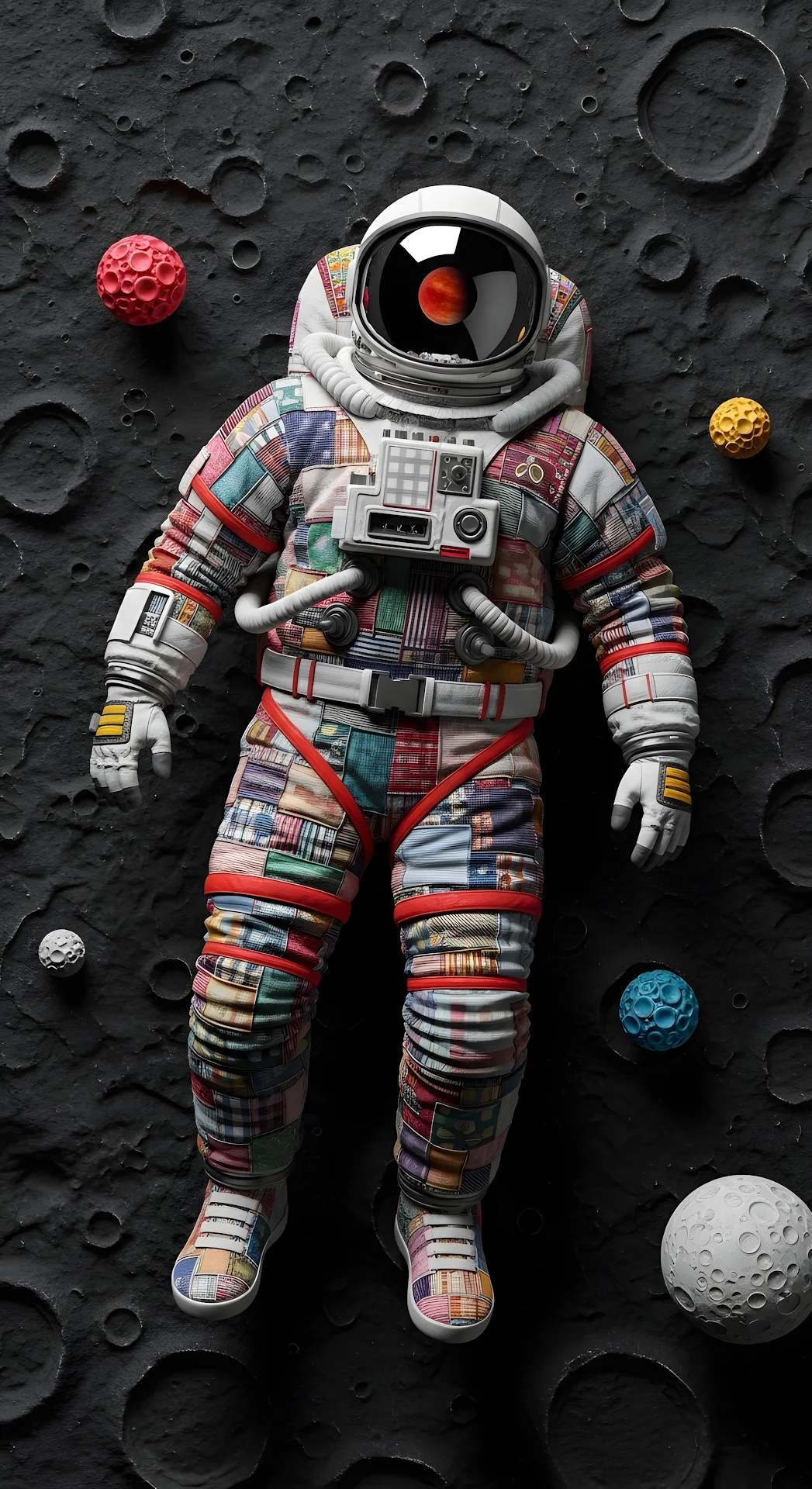 Patchwork Astronaut Suit on Cratered Moon Surface - Free 4K mobile Wallpaper