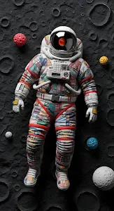 Patchwork Astronaut Suit on Cratered Moon Surface