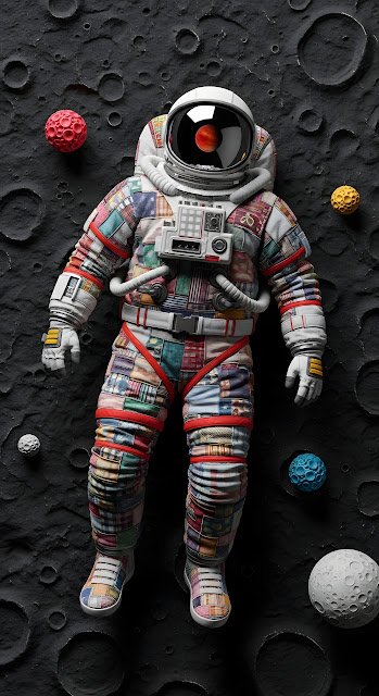 Patchwork Astronaut Suit on Cratered Moon Surface - Free mobile Wallpaper