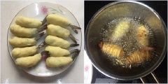 Múc 1 muỗng khoai tây, ấn dẹt rồi cho 1 con tôm vào, bọc lại sao cho khoai phủ đều tôm, chừa lại đuôi tôm hở ra bên ngoài. Làm cho đến khi hết nguyên liệu. Lấy những sợi khoai đã bào sẵn, quấn quanh tôm, gài phần cuối của sợi khoai lại để cố định. Đun nóng chảo dầu, cho vào lần lượt 5 con tôm đã cuộn và chiên đến khi chín vàng ươm, giòn tan thì vớt ra cho ráo dầu.