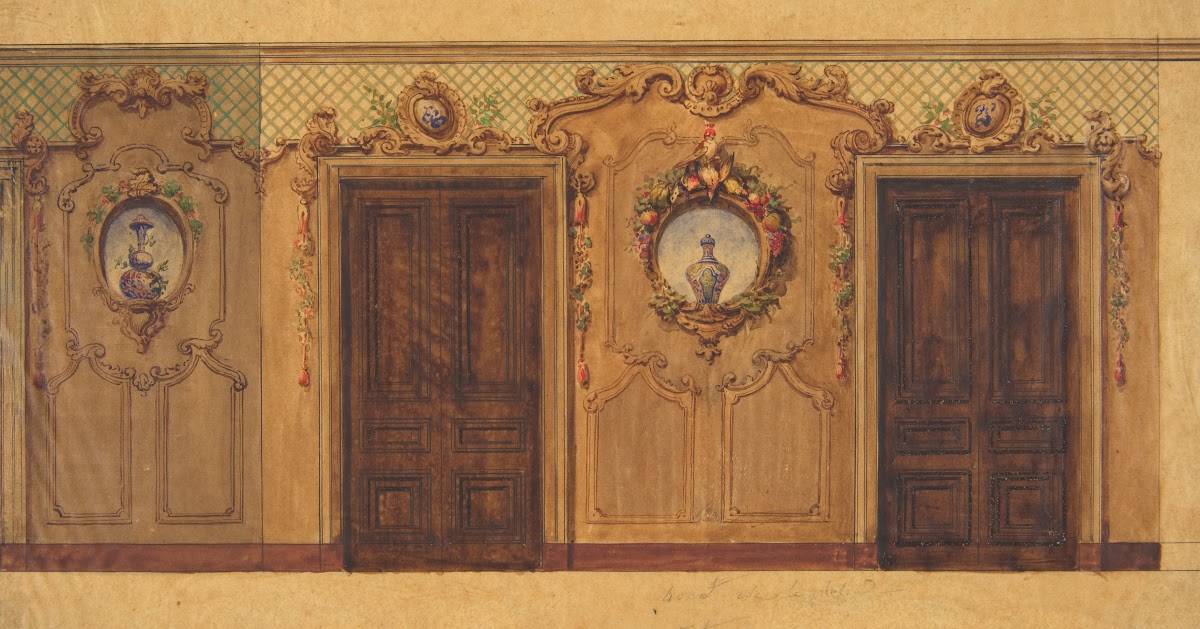 Design for a room with double doors decorated with garlands of fruit and flowers