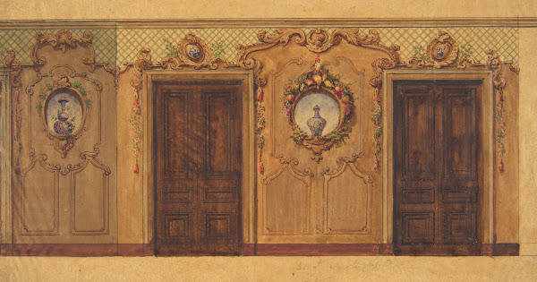 Design for a room with double doors decorated with garlands of fruit and flowers