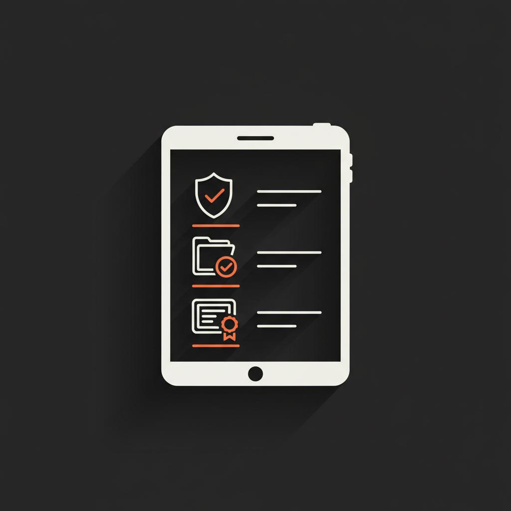Minimal 2D vector tablet checklist with icons for two-factor auth, documents gathered, and trademark filed — visual for how to get Instagram username