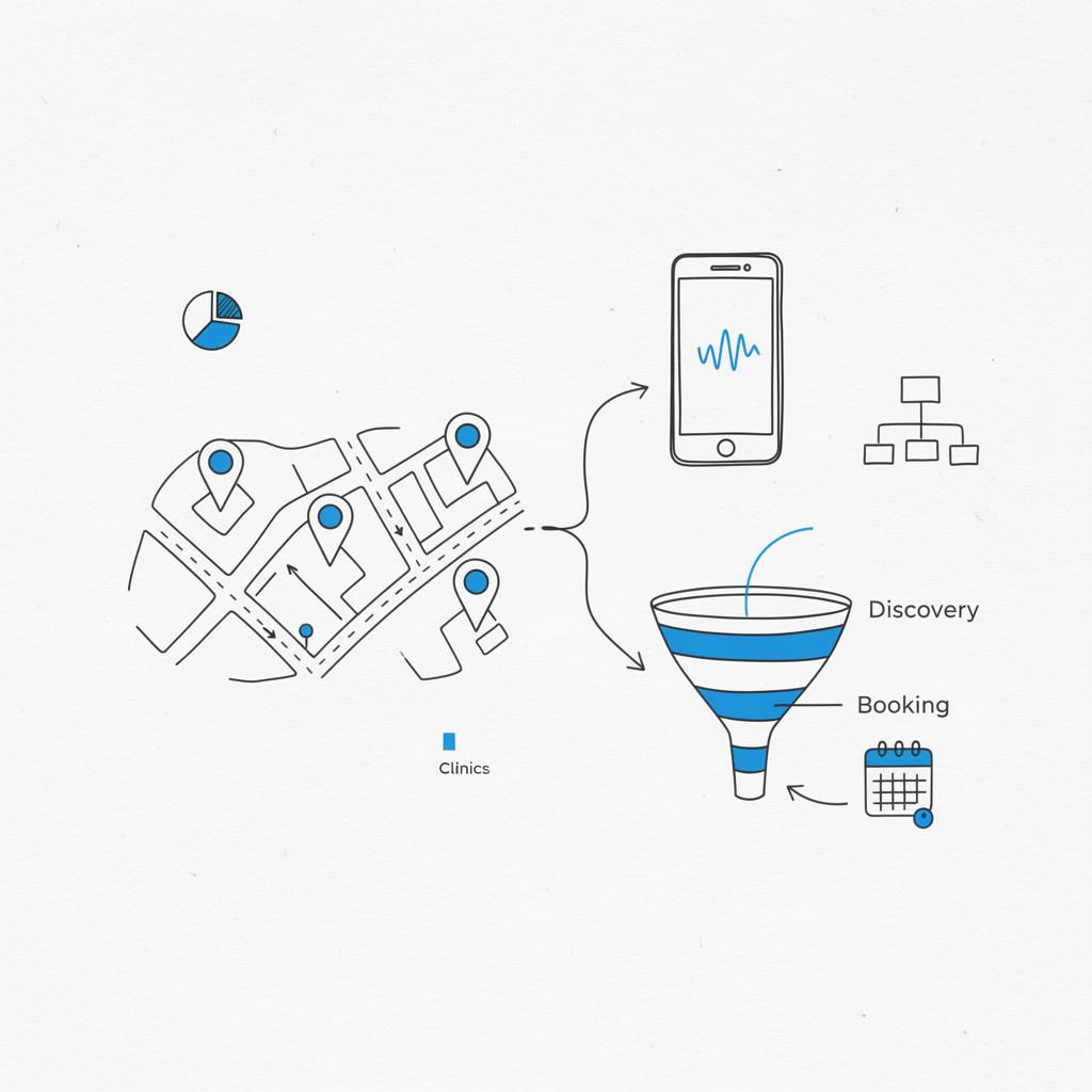 Minimal vector notebook sketch showing clinic map pins, telehealth smartphone, and discovery-to-booking funnel for the 5 P's of healthcare marketing.