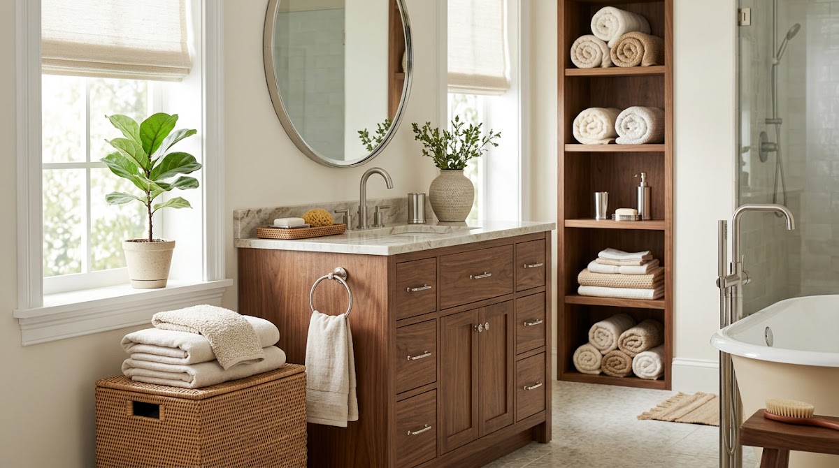 How to Warm Up Chrome Bathroom Accessories With Natural Wood - chrome side table beside walnut furniture in a living room