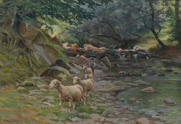 Schafherde und kleine Hirten am Bachufer