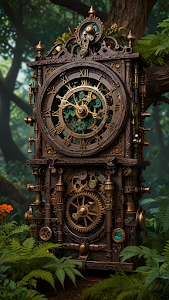 Steampunk Forest Clockwork Ornate Brass Gears Jungle Relic