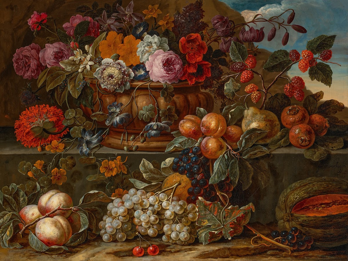 Flowers in a bowl on a ledge with scattered fruit 17th century