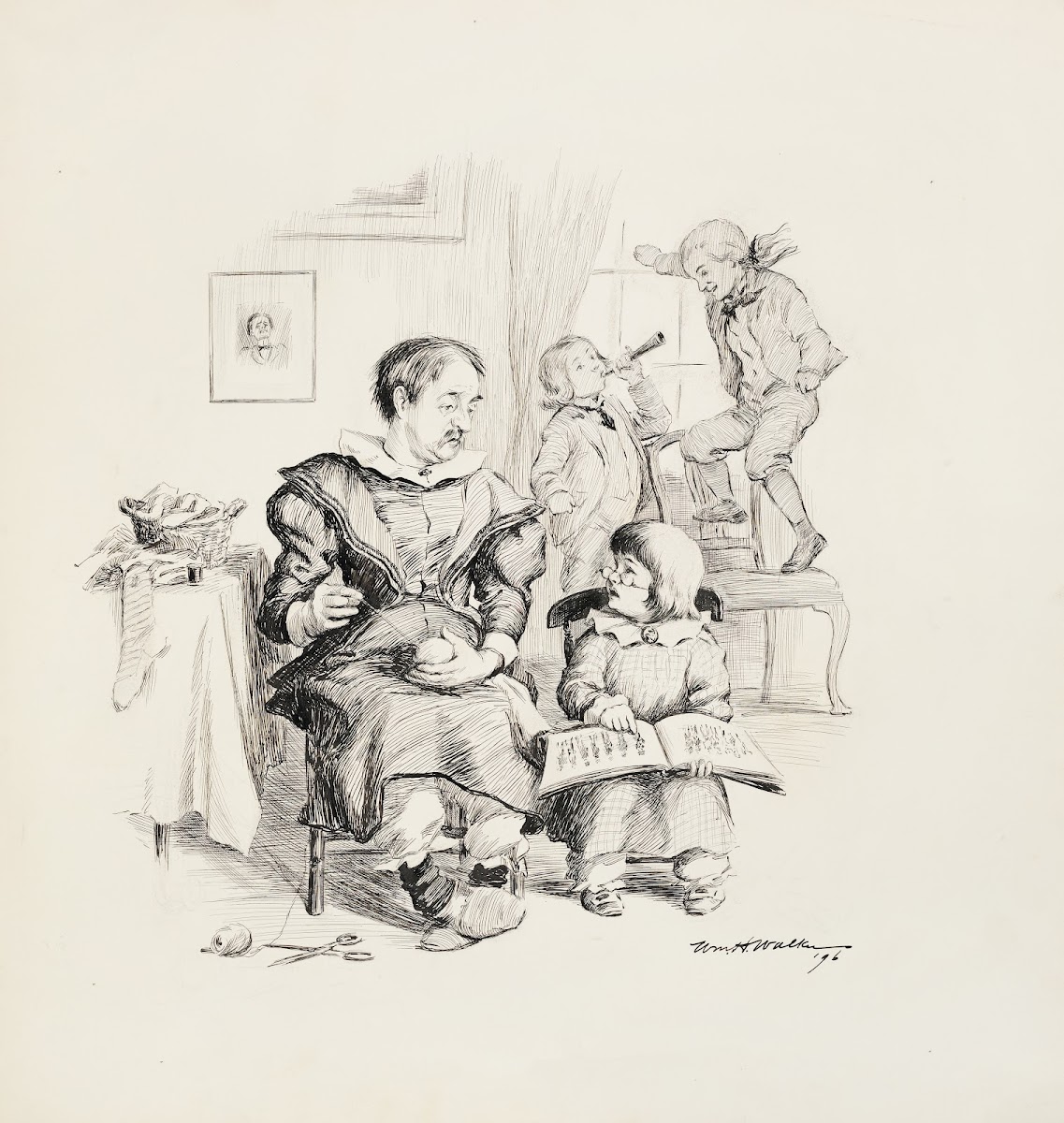 A man dressed as a woman darns socks and watches a little boy his son who is loo