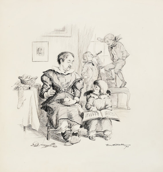 A man dressed as a woman darns socks and watches a little boy his son who is loo