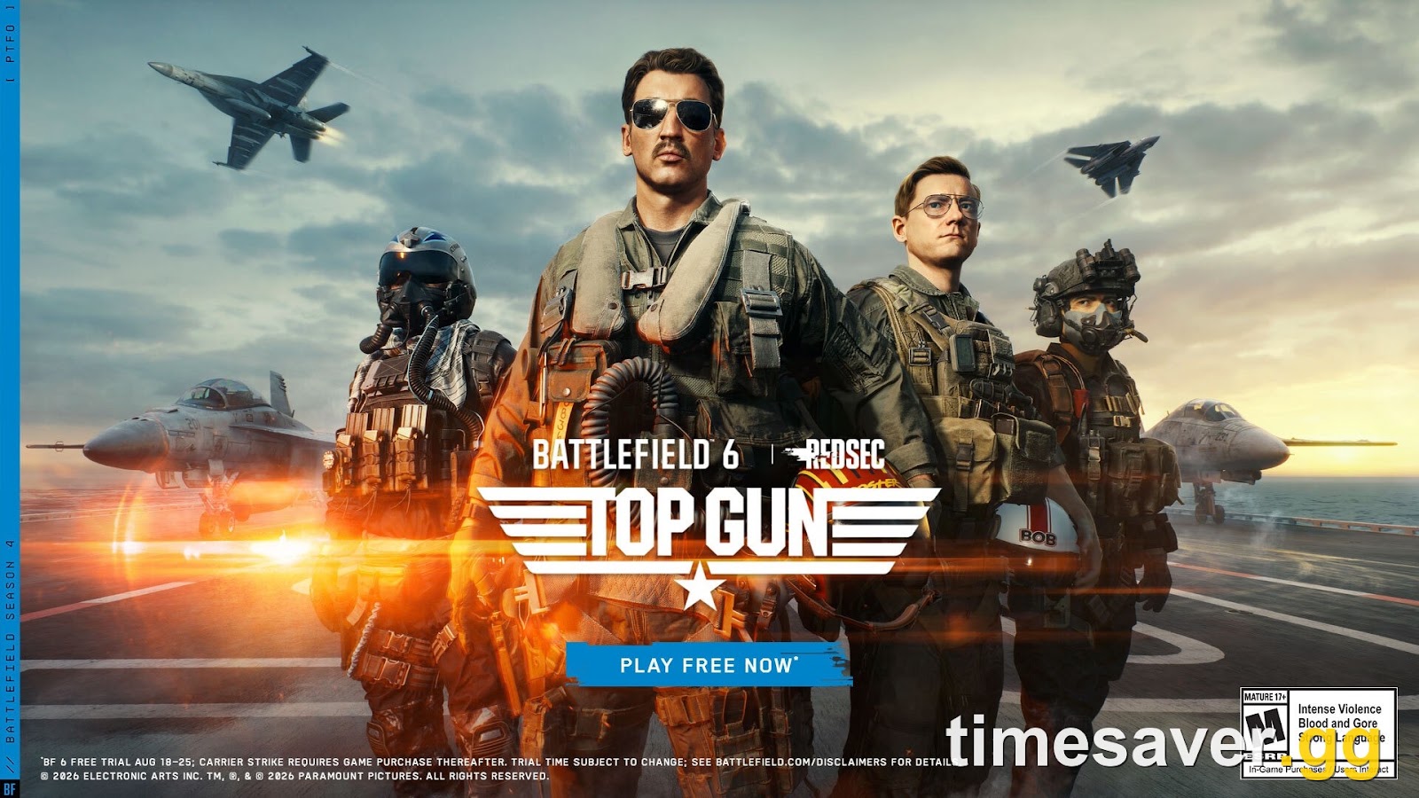 Battlefield 6 REDSEC Top Gun key art showing the Rooster and Bob character skins standing on a carrier deck with fighter jets behind them