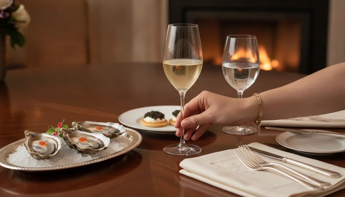 Prestige cuvee champagne serving scene with sparkling wine glass and elegant food pairing
