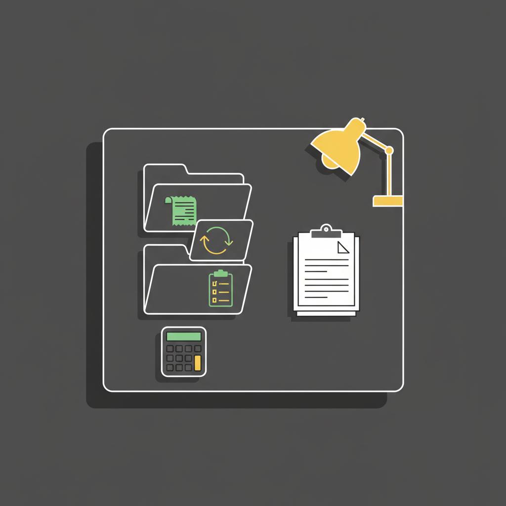 Minimal 2D vector of a tidy desk with icon folders for receipts exchange and checklist representing crypto tax records best place to buy crypto