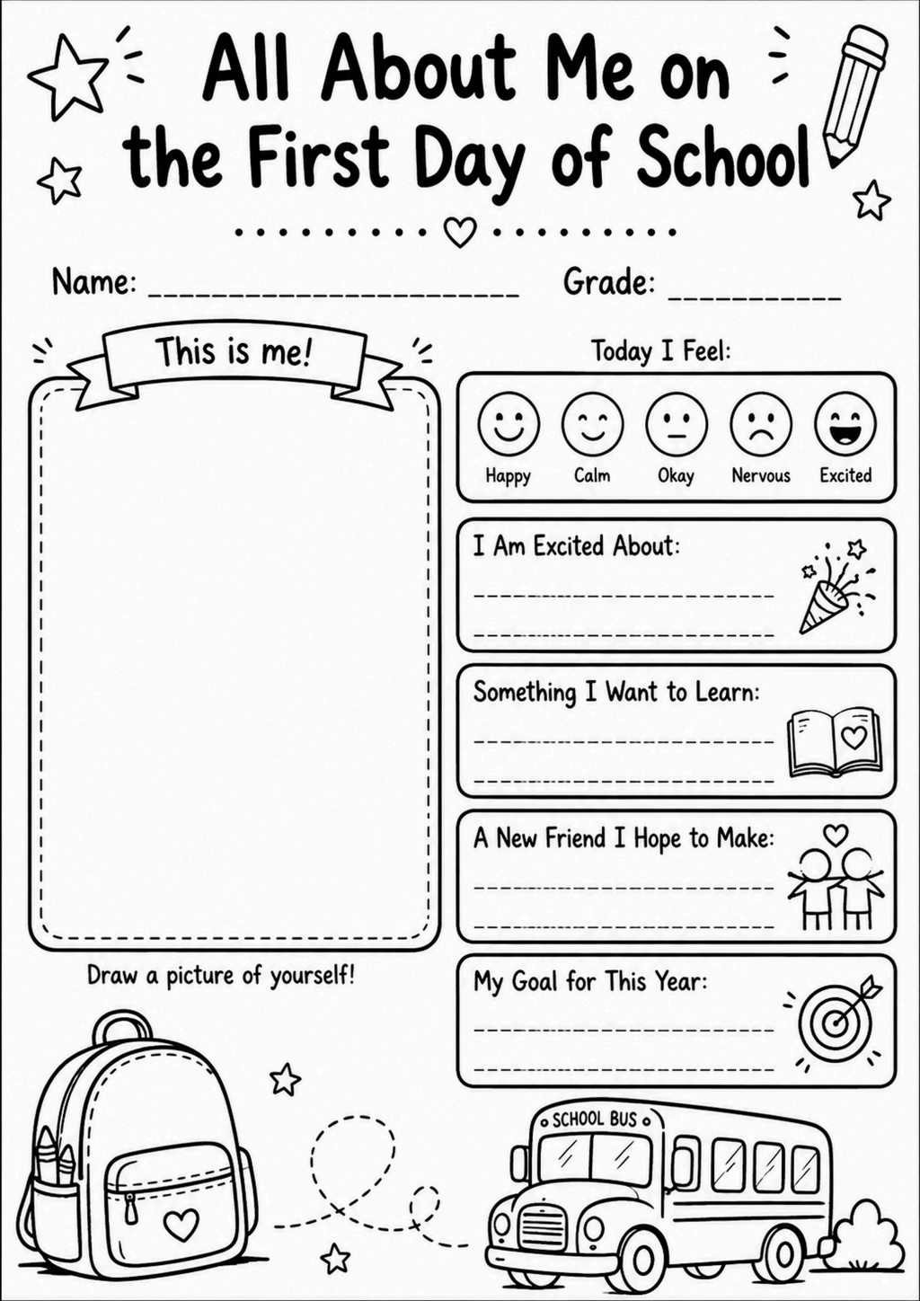All About Me First Day Worksheet