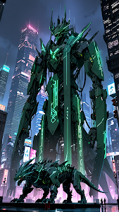 Neon Green Mech Guardian Futuristic Cityscape
