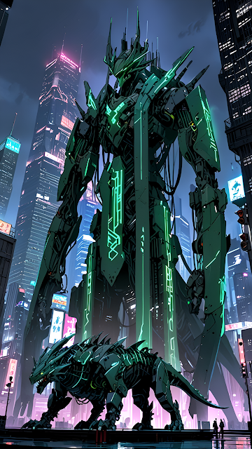 Neon Green Mech Guardian Futuristic Cityscape - Free mobile Wallpaper