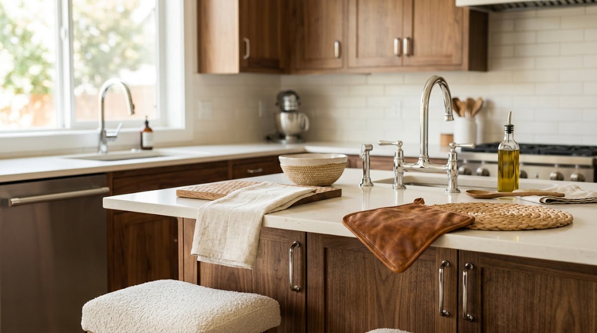 How to Mix Chrome Kitchen Decor With Warm Wood Cabinets - chrome wood textile and neutral color palette mood board