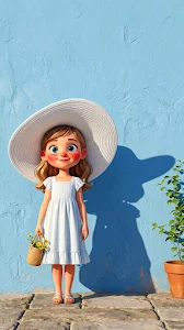 Stylized Digital Illustration of a Girl in a Large White Hat against a Blue Wall