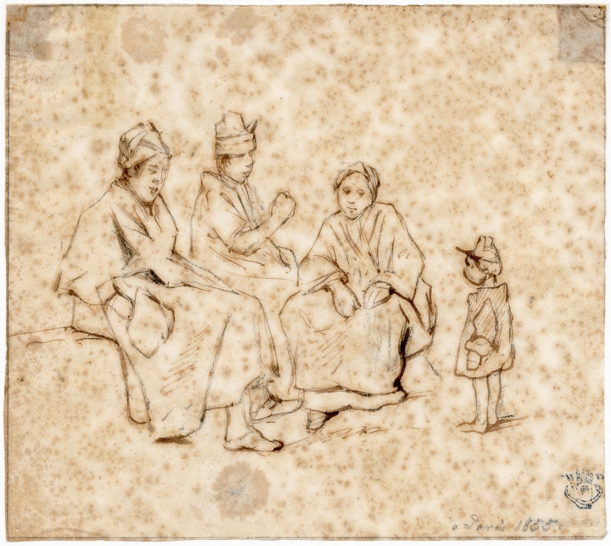 Groepje van drie zittende figuren en een staand kind 1855