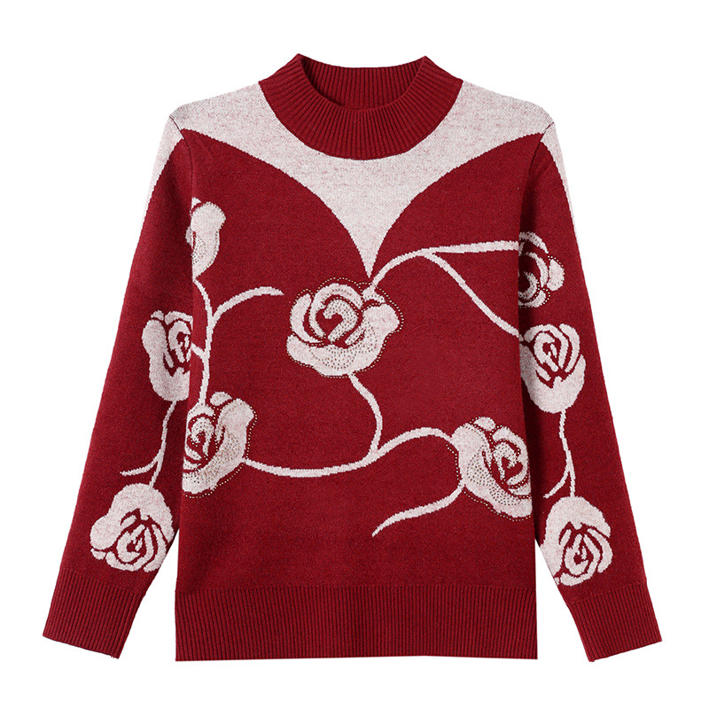Women's knitted sweater with stand-up collar and floral pattern