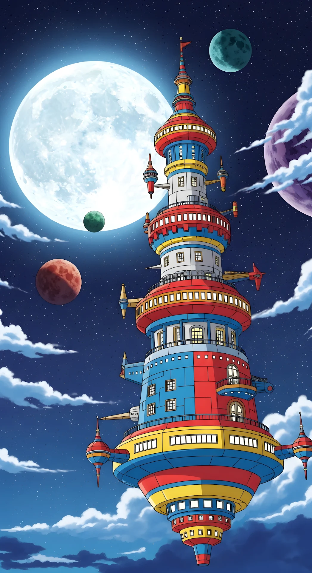 Whimsical Space Tower Fantasy Anime Art Planets Full Moon - Free 4K mobile Wallpaper