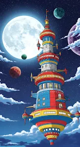 Whimsical Space Tower Fantasy Anime Art Planets Full Moon