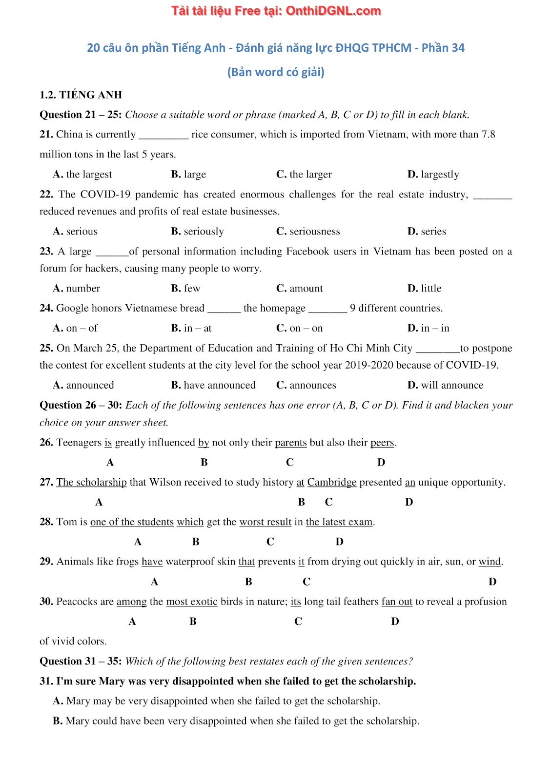 800 bài tập môn Tiếng Anh - Ôn thi ĐGNL ĐHQG TP HCM Phần 34