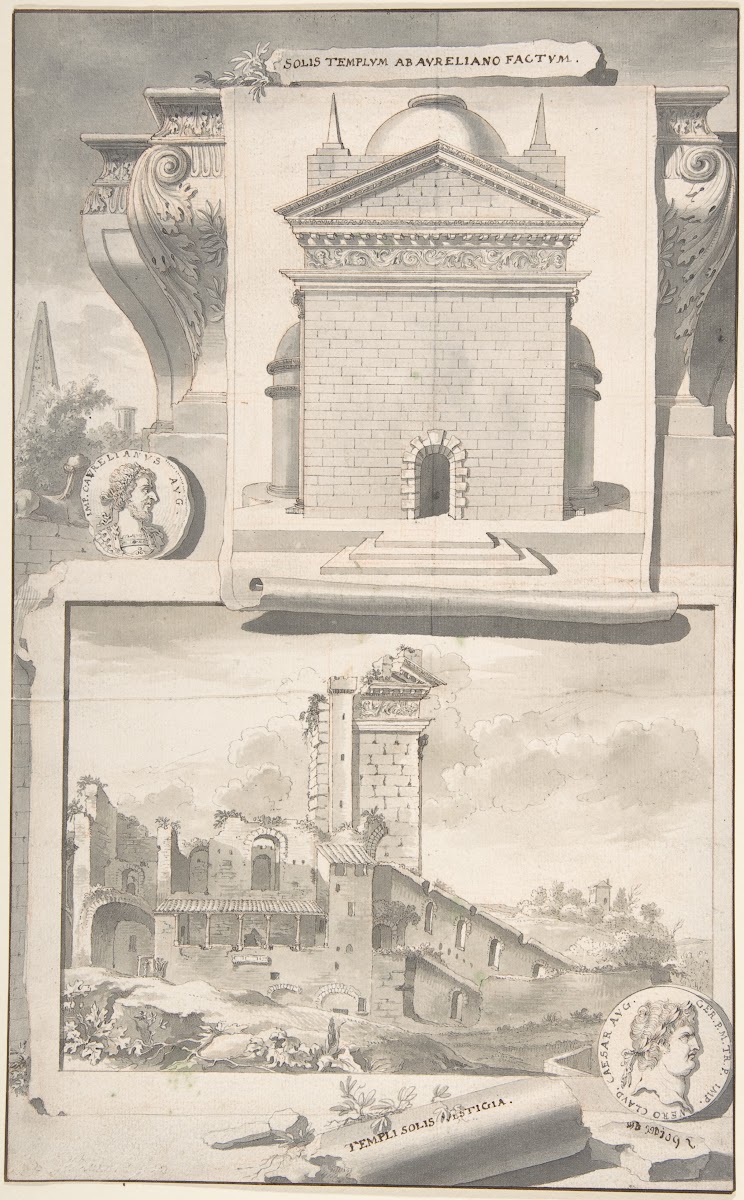 A Reconstruction of the Aurelian Temple of the Sun above and a View of the Ruins