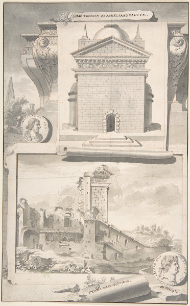 A Reconstruction of the Aurelian Temple of the Sun above and a View of the Ruins
