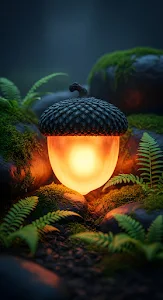 Magical Glowing Acorn Lantern in Dark Mossy Forest Scene