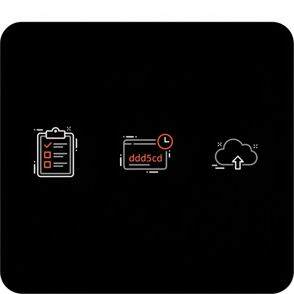 Minimalist full-frame infographic of a checklist, timestamped screenshot icon and cloud backup symbol on black background with gray accents and orange highlights — WhatsApp ban