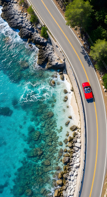 Red Convertible Driving Coastal Road Above Turquoise Ocean - Free mobile Wallpaper