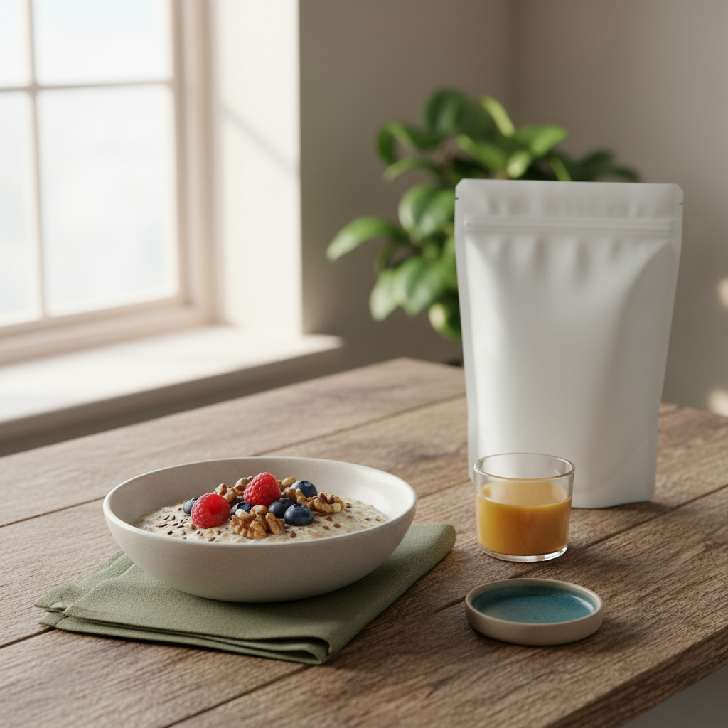 Nahaufnahme einer minimalistischen Frühstücksbowl mit Haferbrei, Beeren, Walnüssen und Leinsamen neben einem Glas Orangensaft auf rustikalem Holztisch im sanften Morgenlicht; Frühstück Schwangerschaft