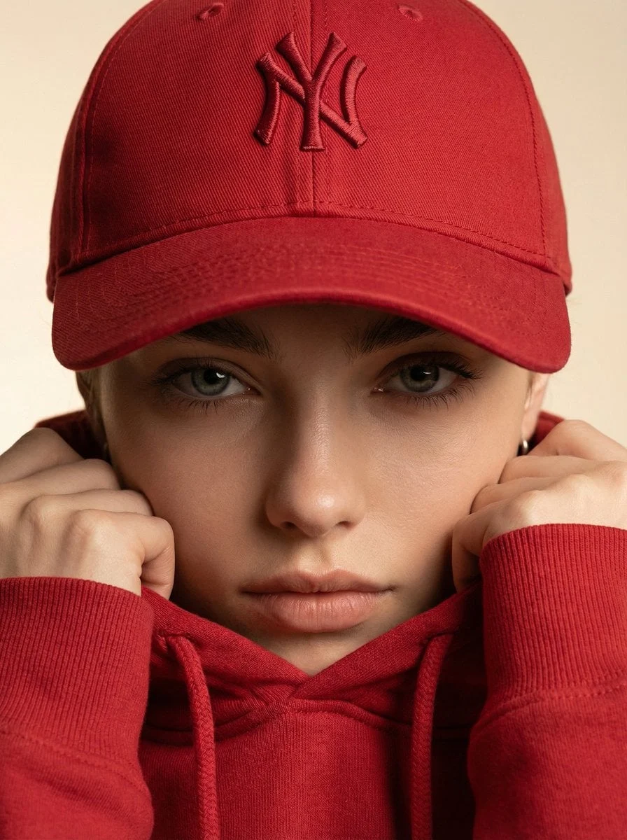 Fotografía ultrarrealista de una modelo femenina con la gorra de béisbol roja de referencia y un conjunto rojo a juego...