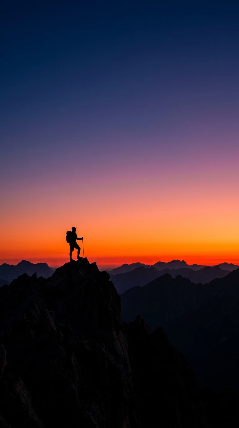 Silhouette of a Lone Hiker on a Peak Against Fiery Red Dawn Sky - Free 4K mobile Wallpaper