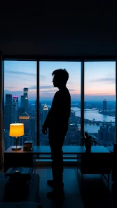 Silhouette of Man Looking Out Over City Skyline at Dusk
