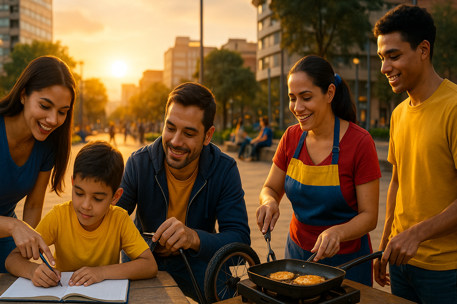 Venezolanos en el exterior intercambiando habilidades en una plaza urbana, gesto de apoyo y sonrisas