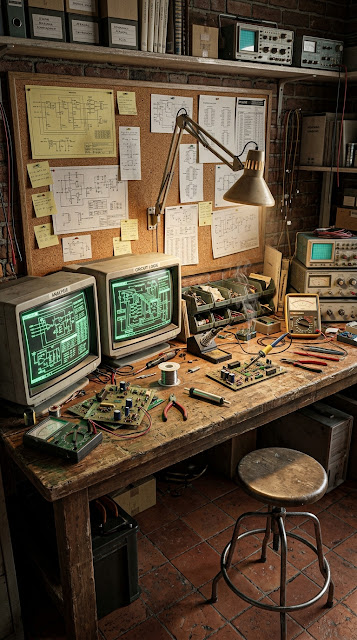 Vintage Electronics Workshop with Circuit Boards and CRT Monitors - Free mobile Wallpaper