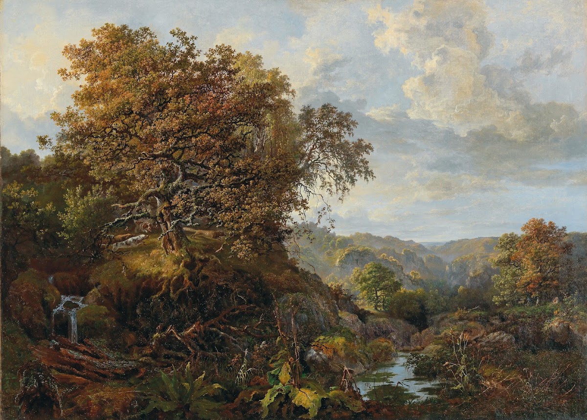 A landscape with a waterfall and hounds