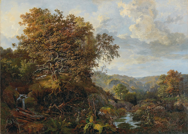 A landscape with a waterfall and hounds
